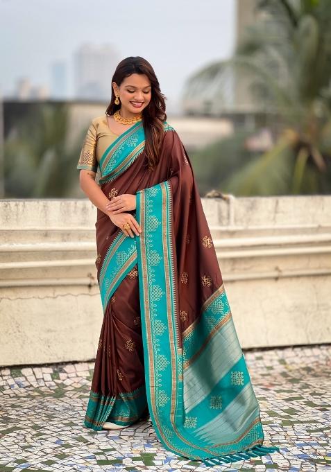 Brown Zari Work Silk Saree Set