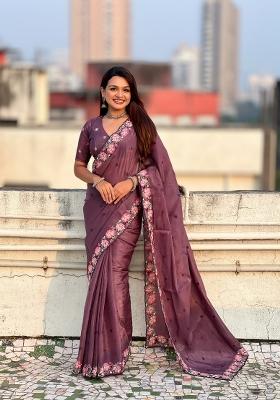Wine Embroidered Silk Saree Set