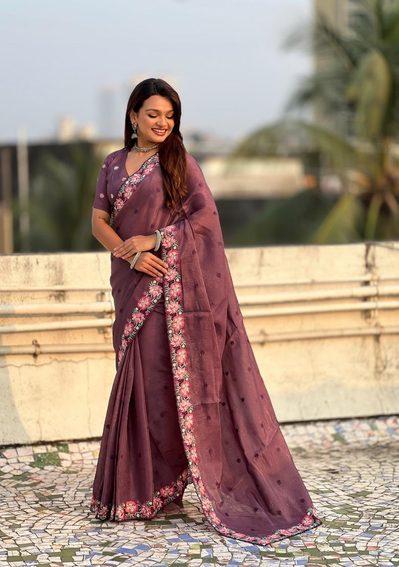 Wine Embroidered Silk Saree Set - Indya