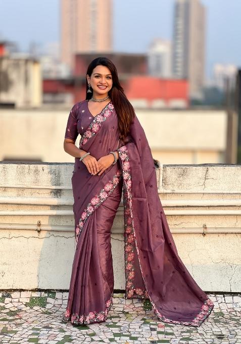 Wine Embroidered Silk Saree Set