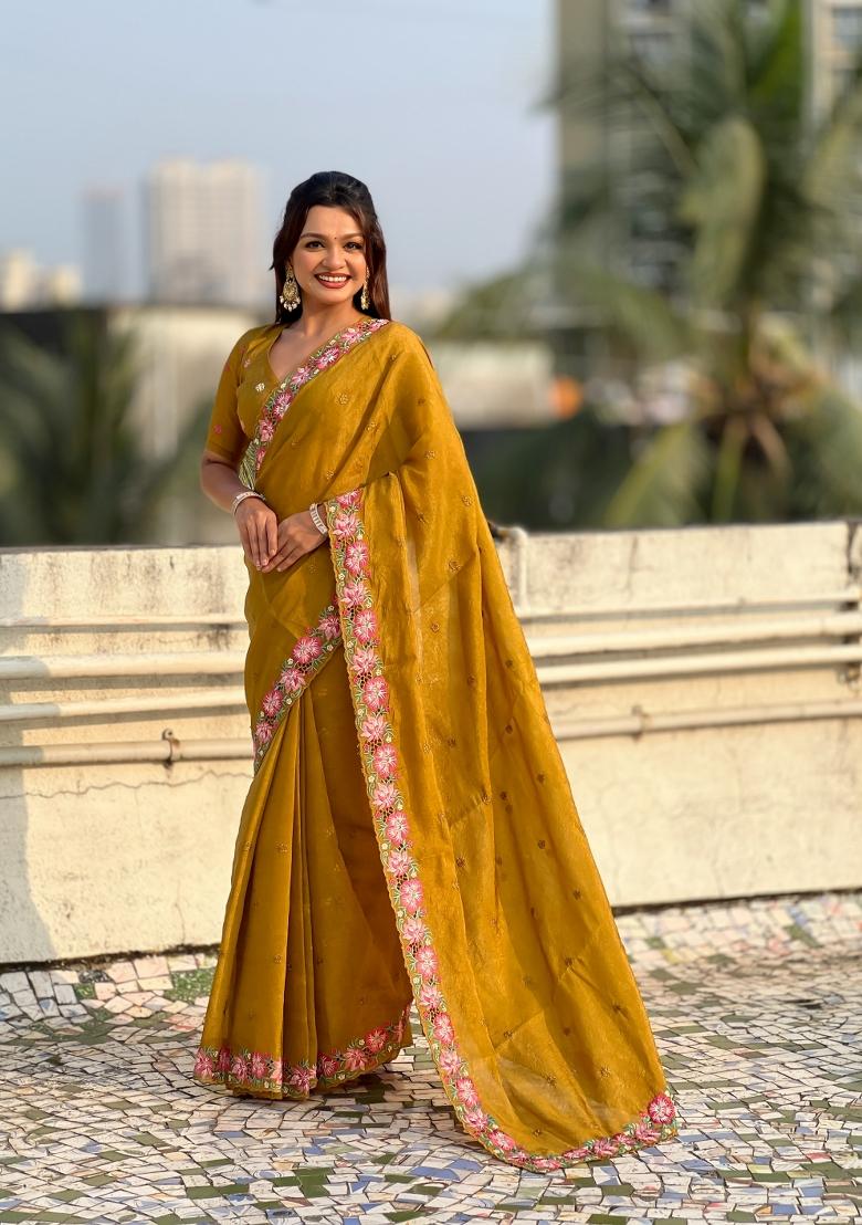 Mustard Embroidered Silk Saree Set - Indya