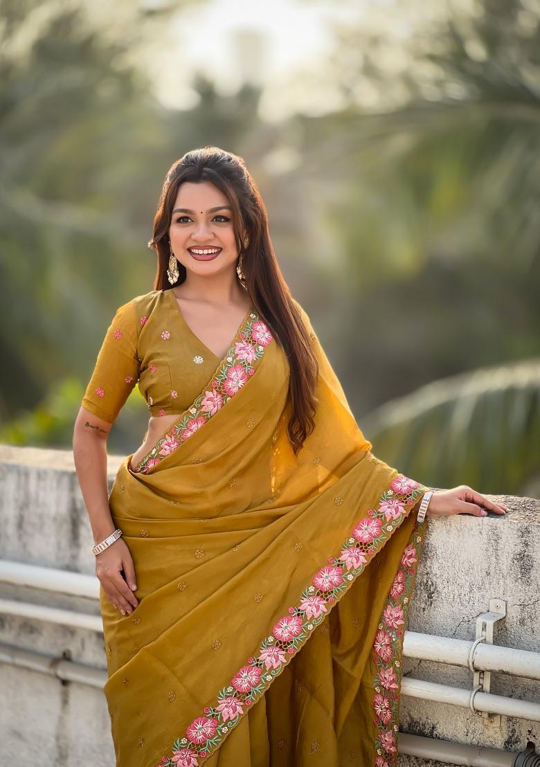 Mustard Embroidered Silk Saree Set - Indya