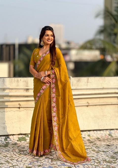 Mustard Embroidered Silk Saree Set