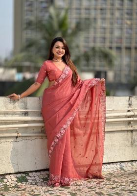 Coral Embroidered Silk Saree Set