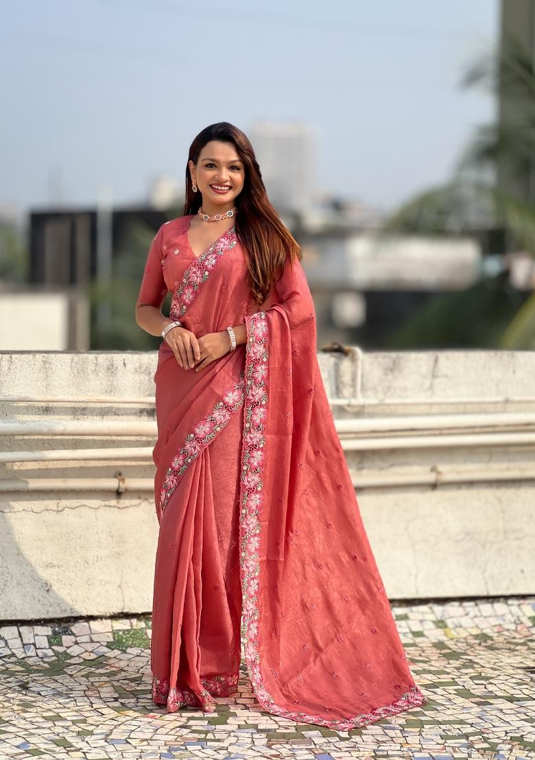 Coral Embroidered Silk Saree Set - Indya