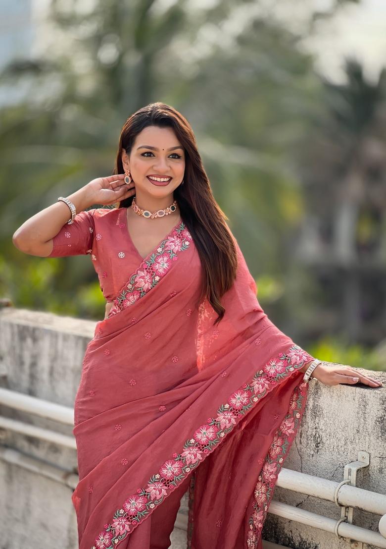 Coral Embroidered Silk Saree Set - Indya