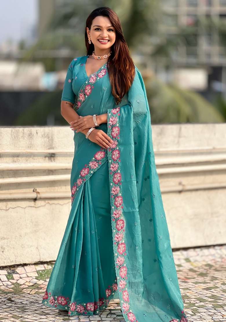 Sky Blue Embroidered Silk Saree Set for Diwali and Festive Wear - Indya