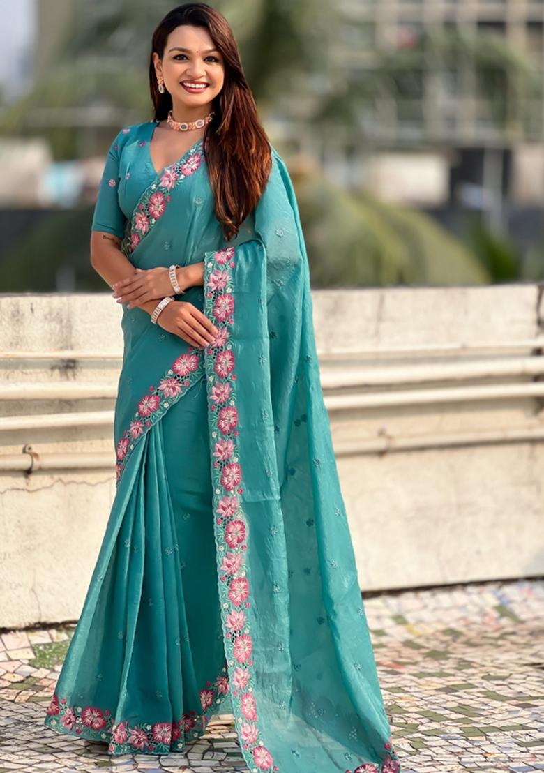 Sky Blue Embroidered Silk Saree Set - Indya