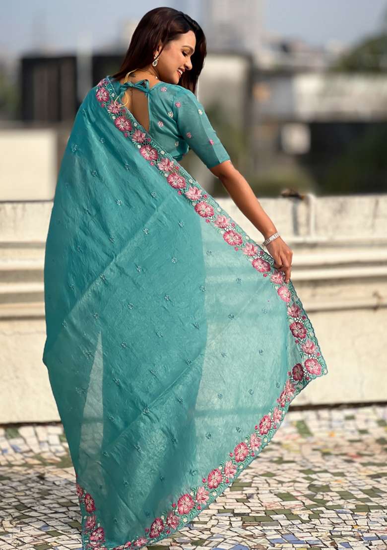 Sky Blue Embroidered Silk Saree Set for Diwali and Festive Wear - Indya