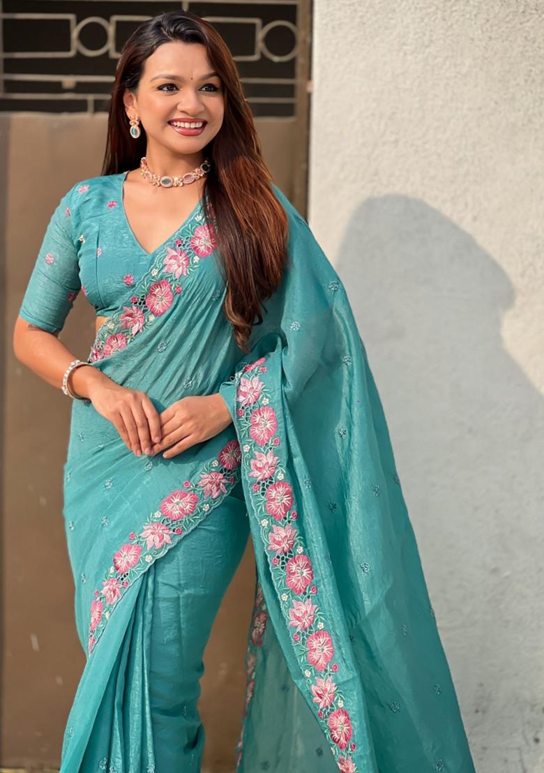 Sky Blue Embroidered Silk Saree Set - Indya