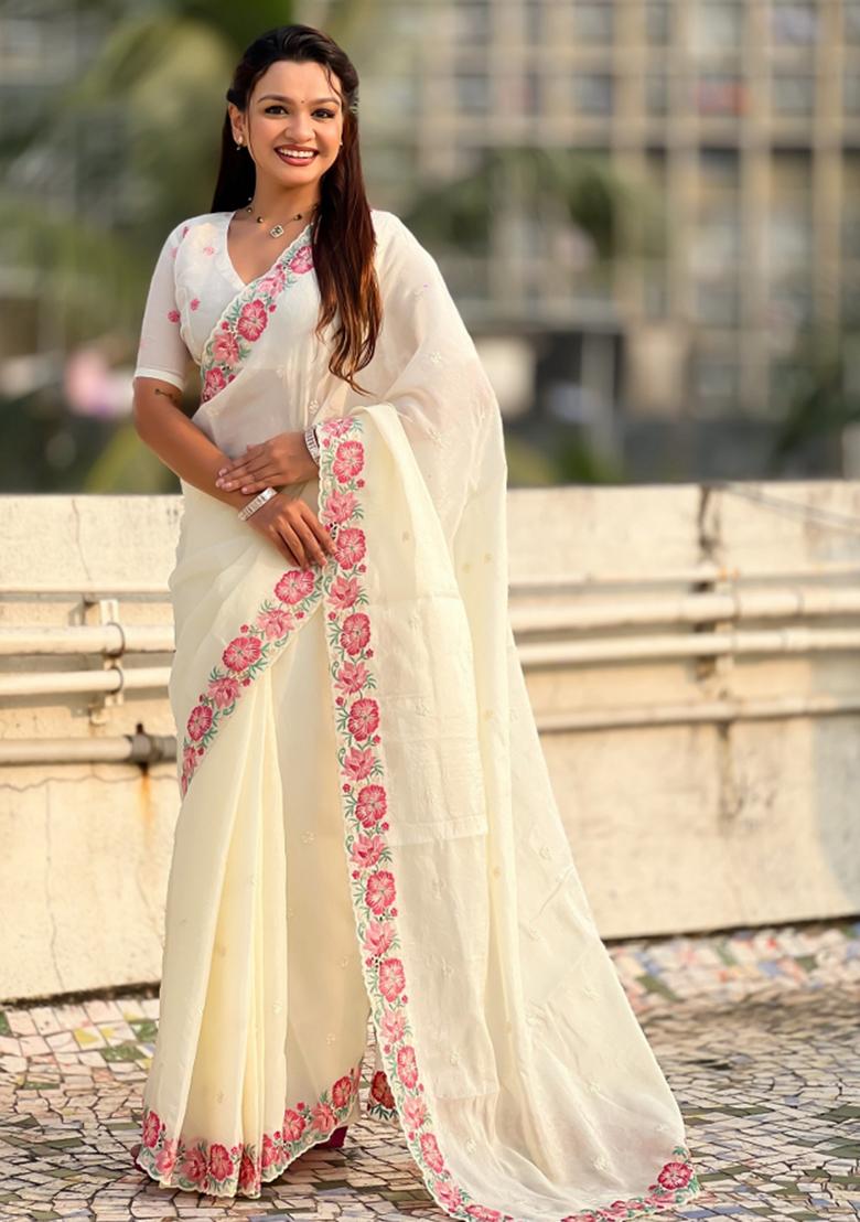 White Embroidered Silk Saree Set - Indya