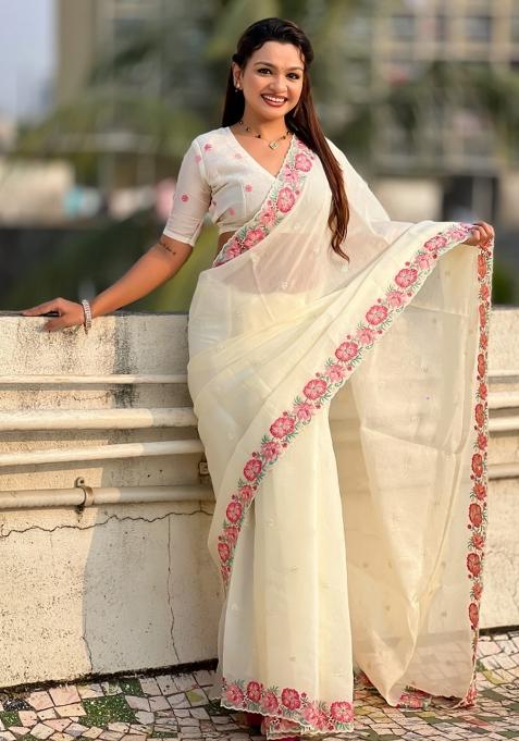 White Embroidered Silk Saree Set