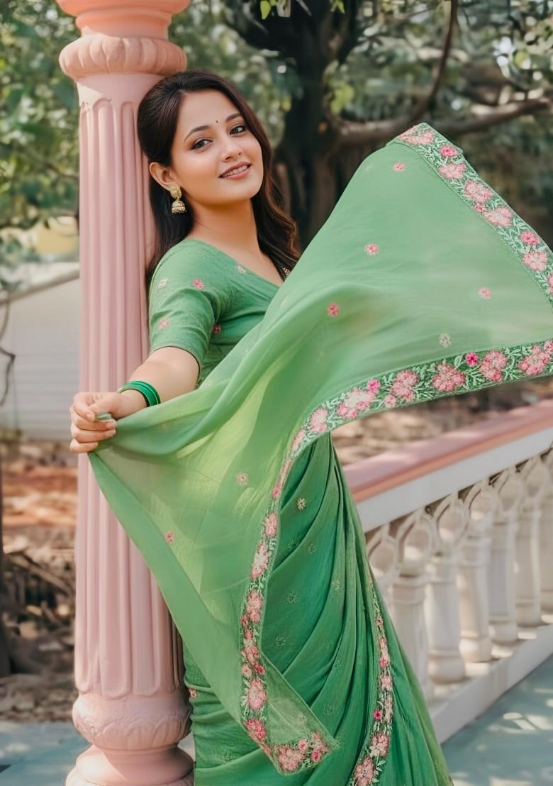Green Embroidered Silk Saree Set - Indya