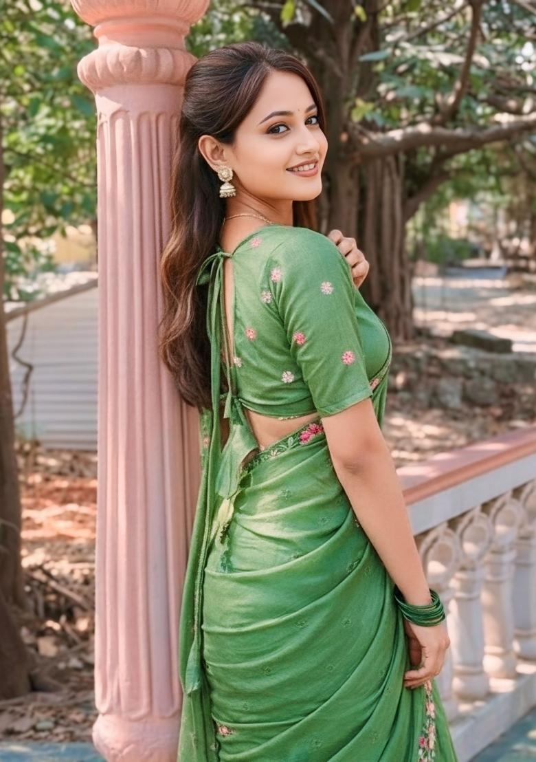 Green Embroidered Silk Saree Set - Indya