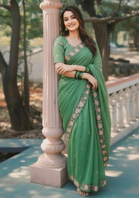 Green Embroidered Silk Saree Set