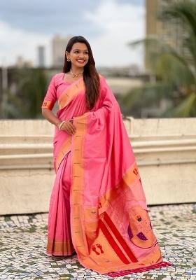 Pink Zari Work Silk Saree Set