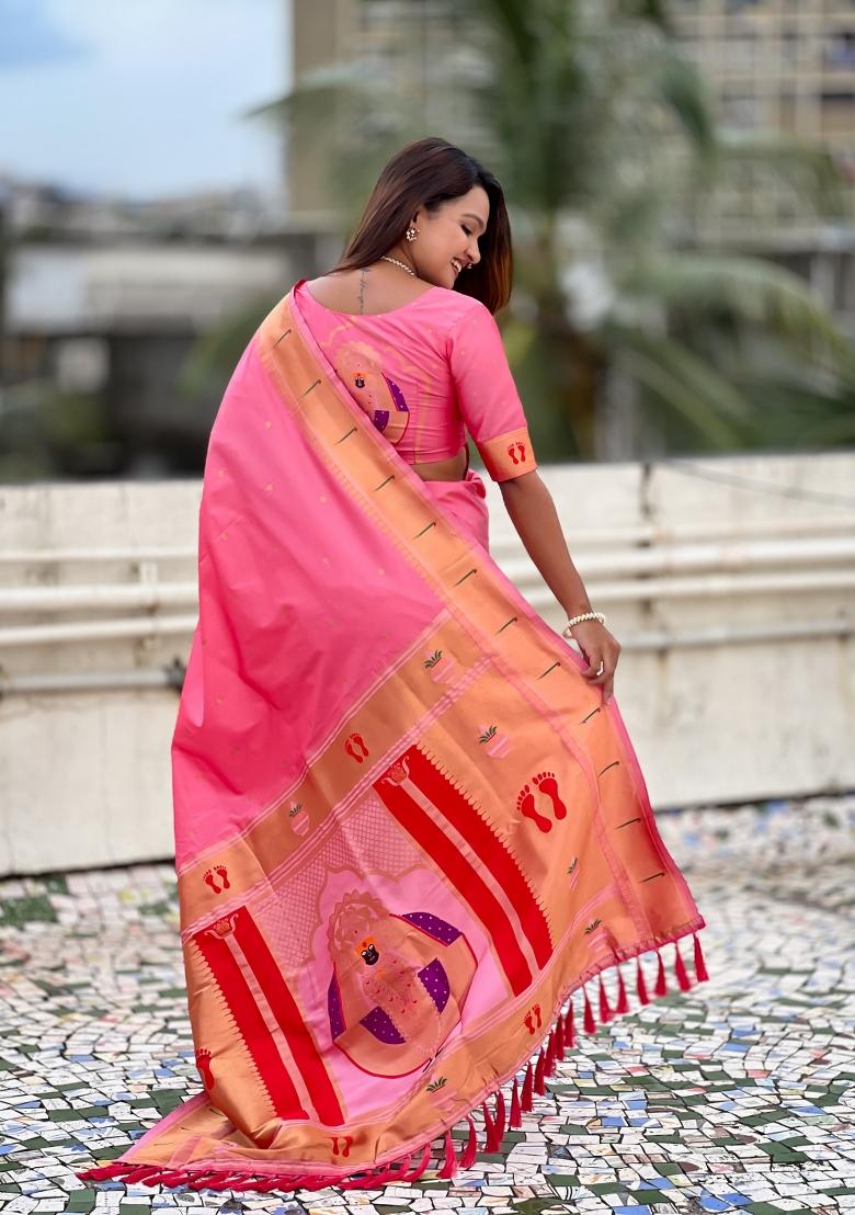 Pink Zari Work Silk Saree Set - Indya