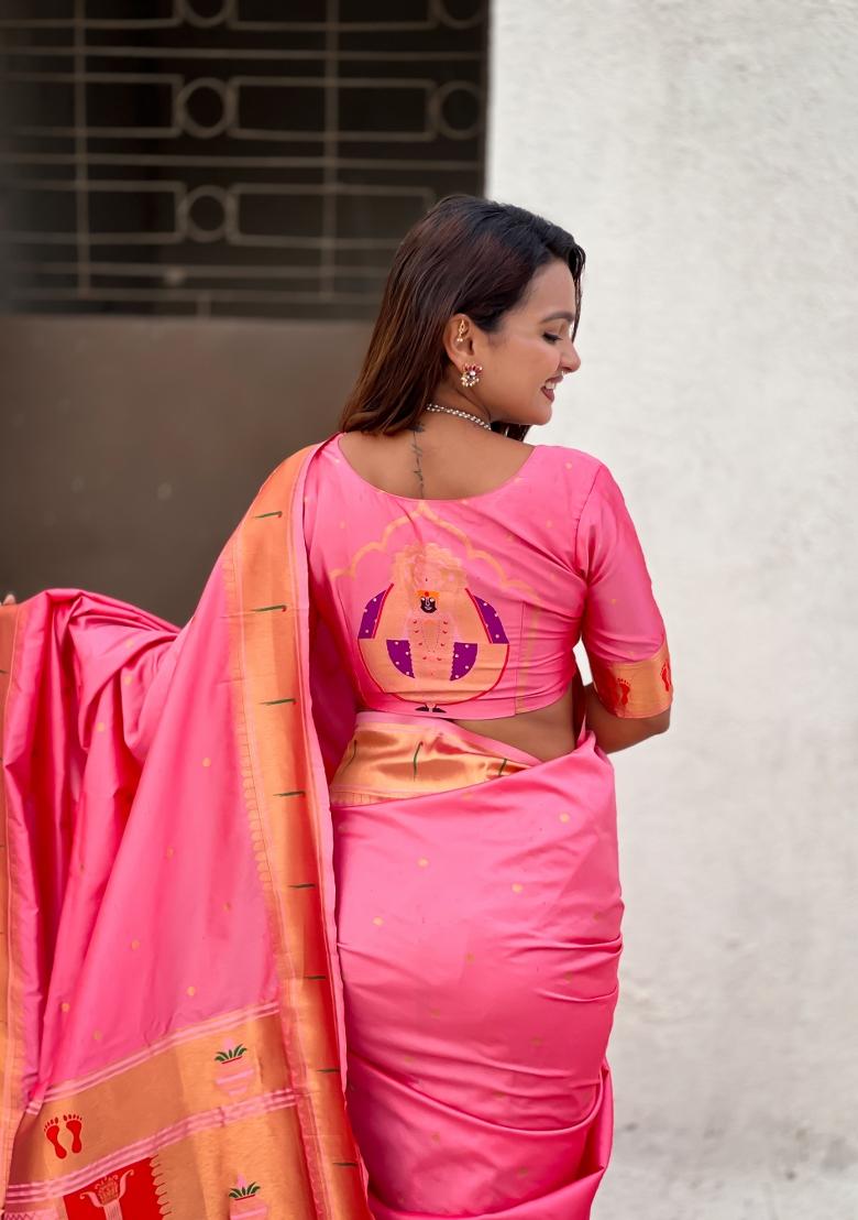Pink Zari Work Silk Saree Set - Indya