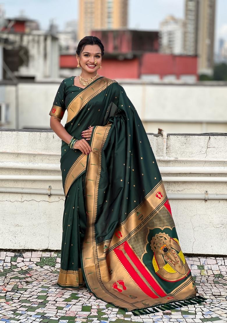 Green Zari Work Silk Saree Set - Indya