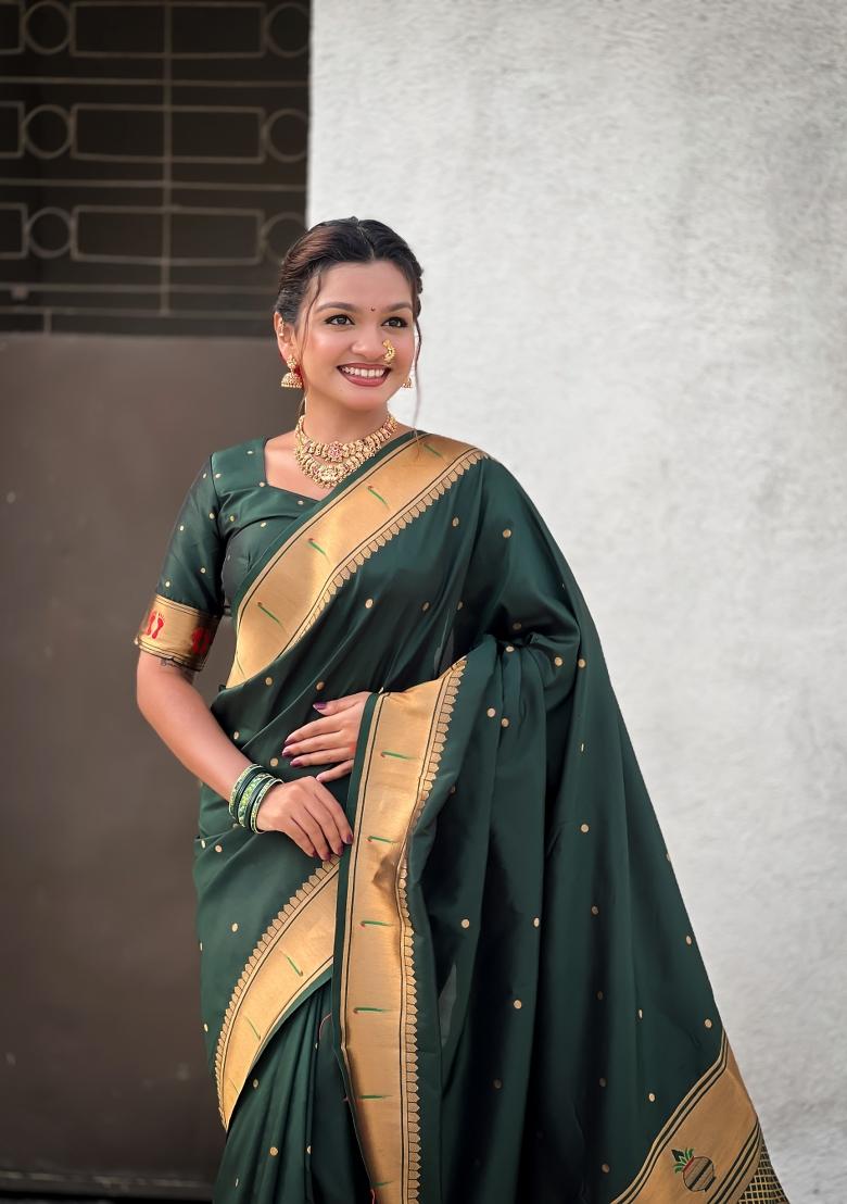 Green Zari Work Silk Saree Set - Indya
