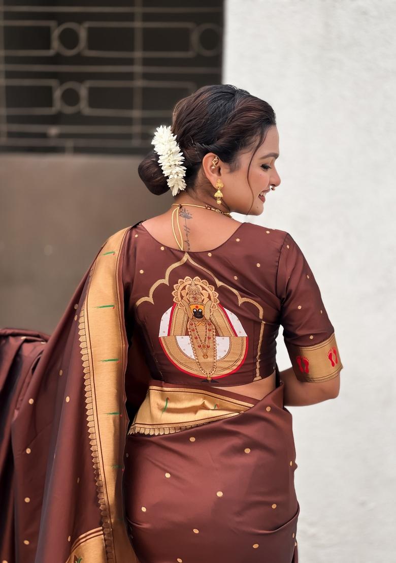 Coffee Zari Work Silk Saree Set - Indya