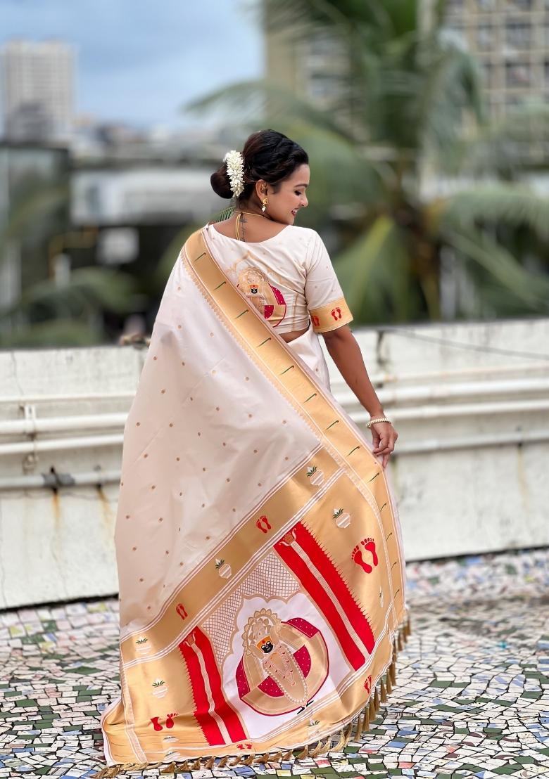 Cream Zari Work Silk Saree Set - Indya