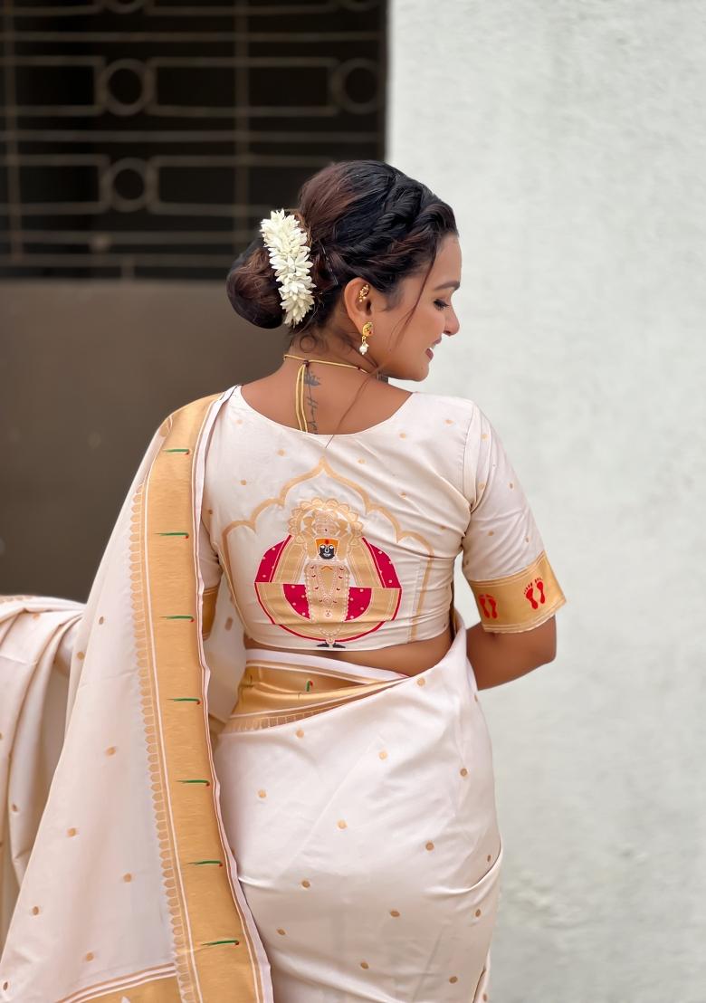 Cream Zari Work Silk Saree Set - Indya