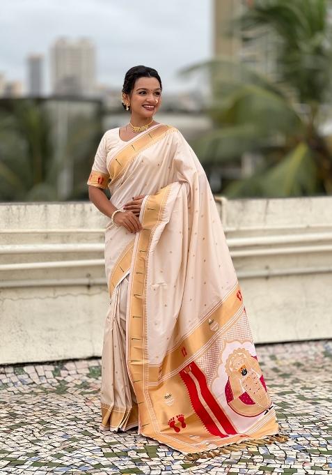 Cream Zari Work Silk Saree Set