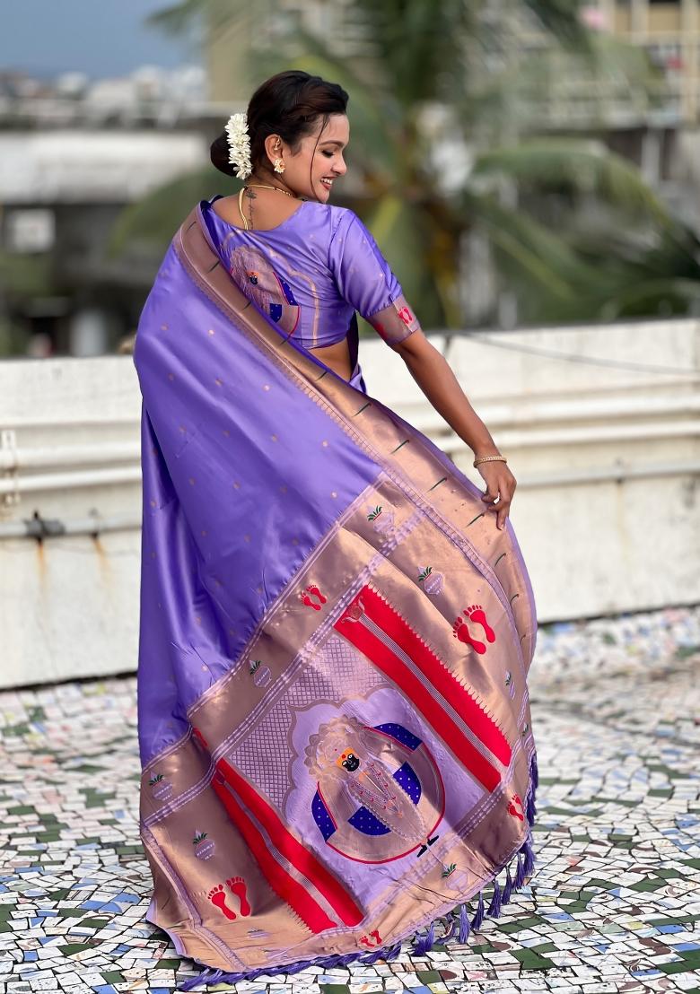 Lavender Zari Work Silk Saree Set - Indya