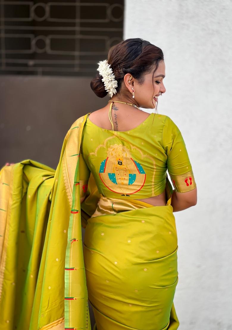 Green Zari Work Silk Saree Set - Indya
