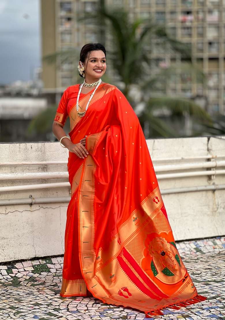 Orange Zari Work Silk Saree Set - Indya