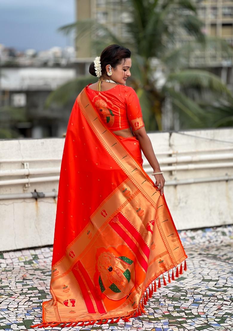 Orange Zari Work Silk Saree Set - Indya