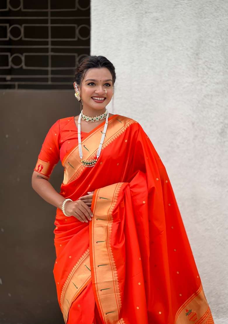Orange Zari Work Silk Saree Set - Indya