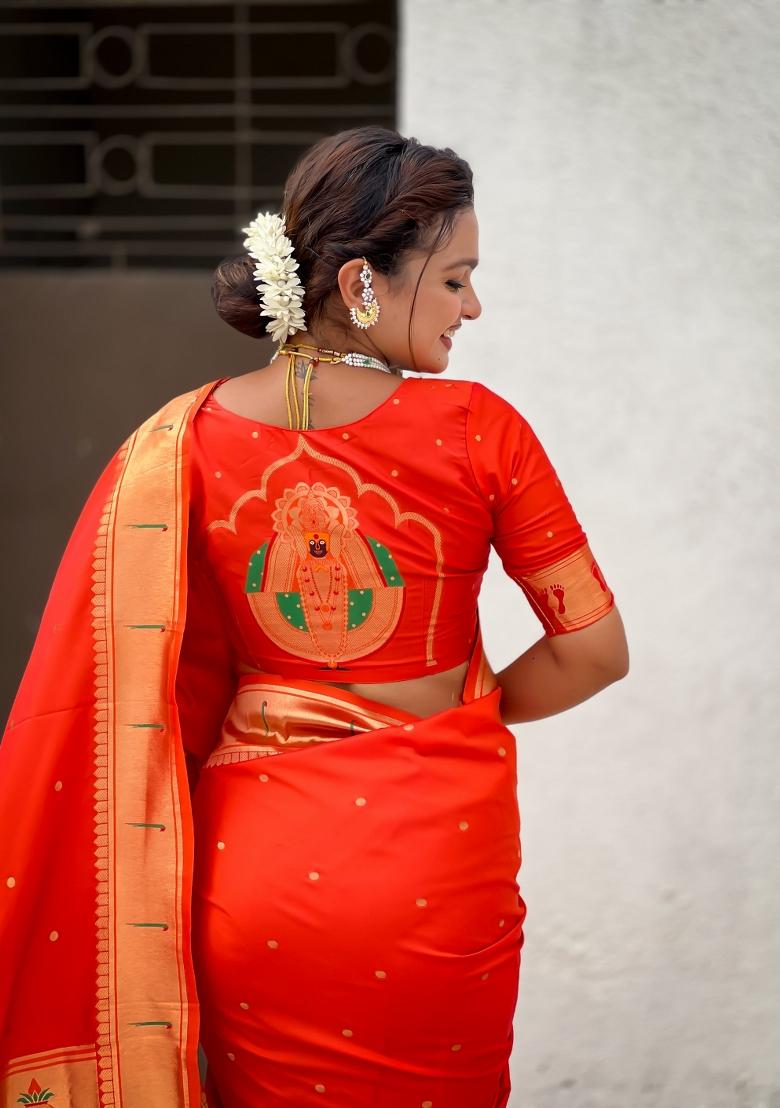 Orange Zari Work Silk Saree Set - Indya