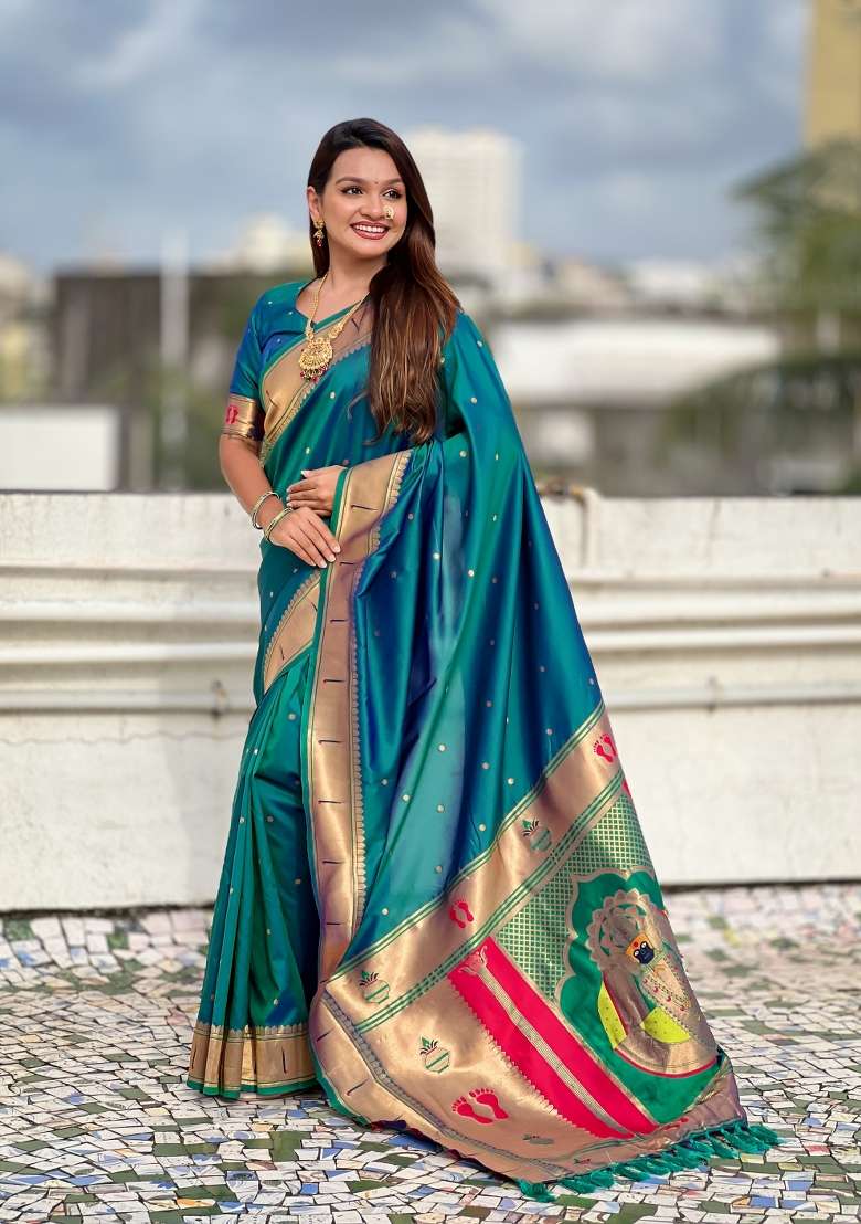 Sky Blue Zari Work Silk Saree Set - Indya