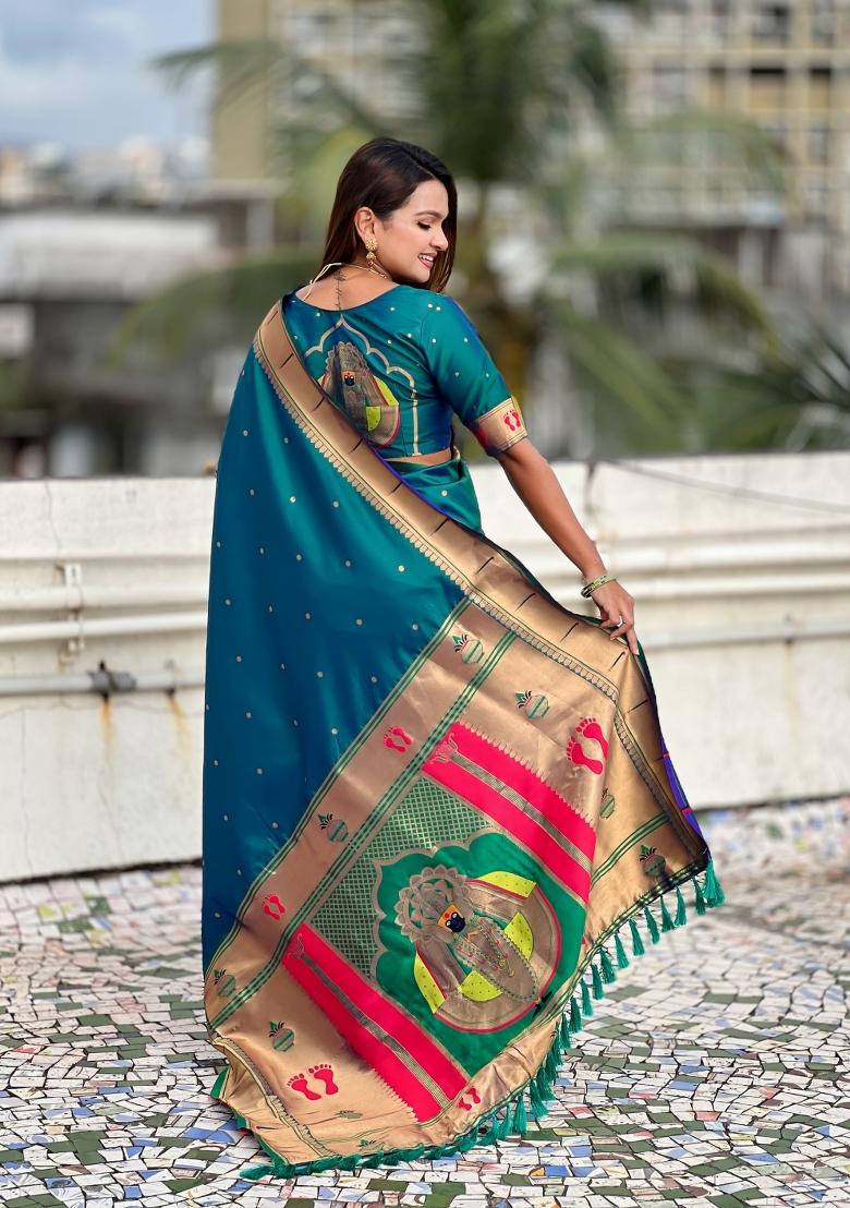 Sky Blue Zari Work Silk Saree Set - Indya