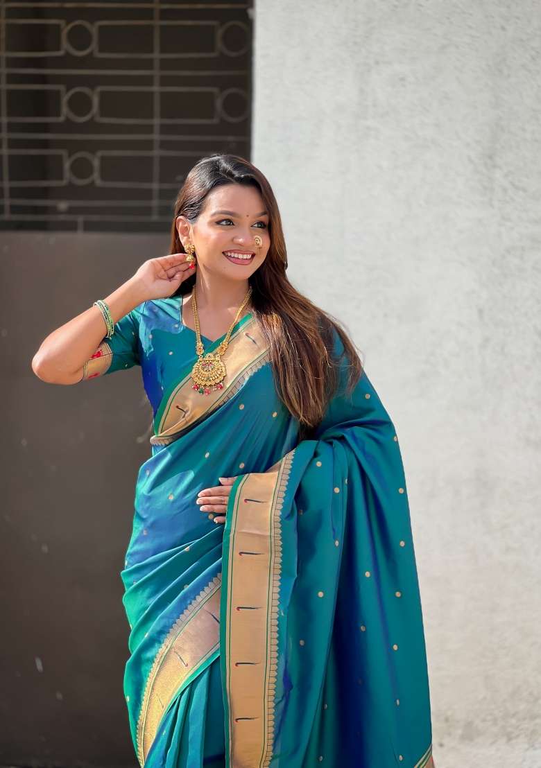 Sky Blue Zari Work Silk Saree Set - Indya