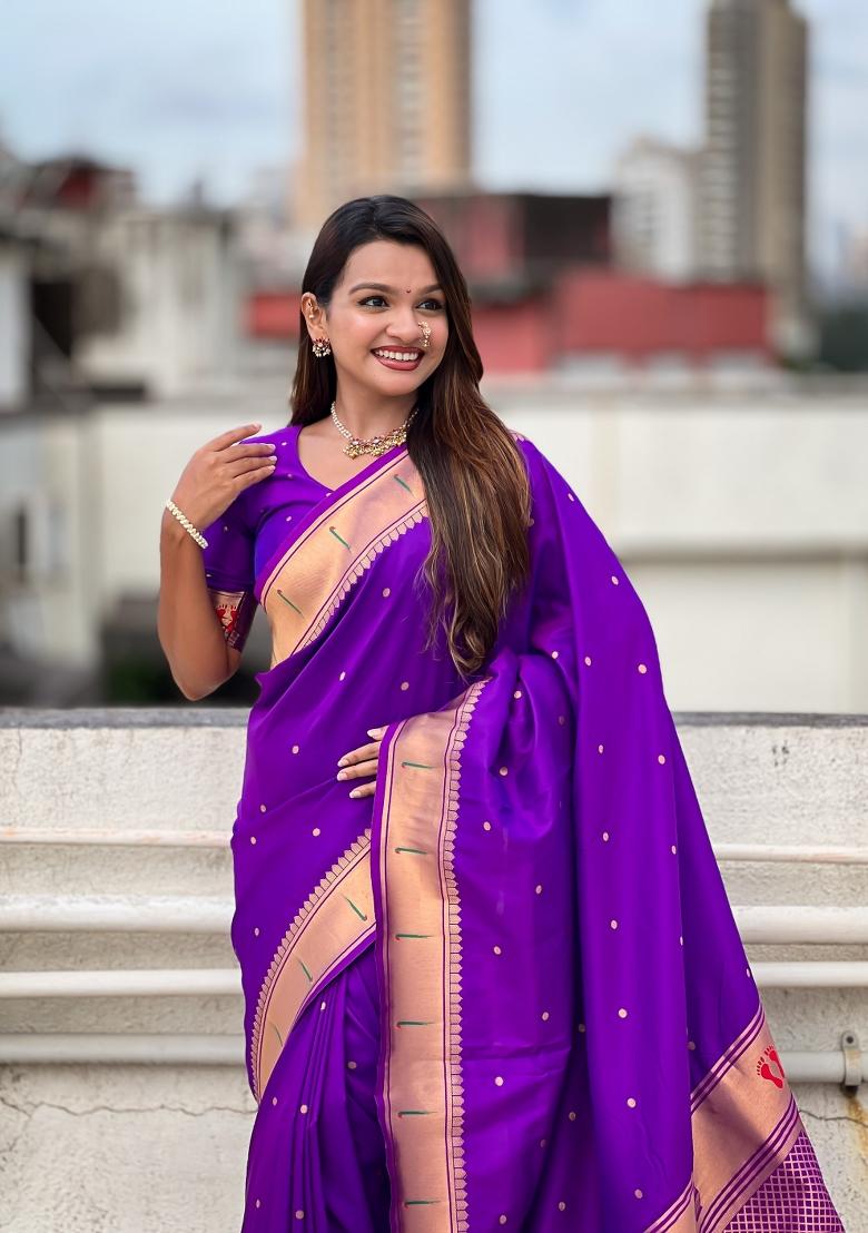 Purple Zari Work Silk Saree Set - Indya
