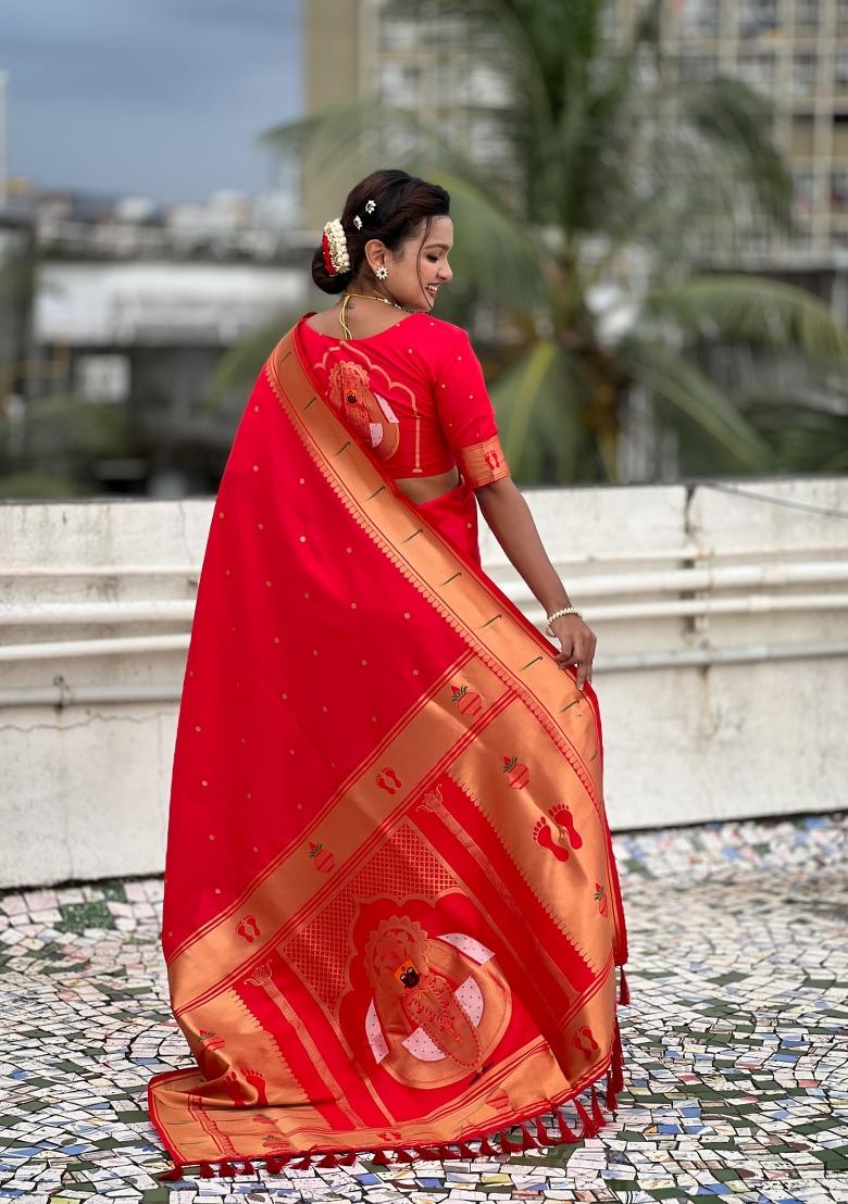 Red Zari Work Silk Saree Set - Indya