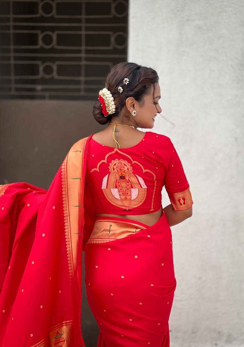 Red Zari Work Silk Saree Set - Indya