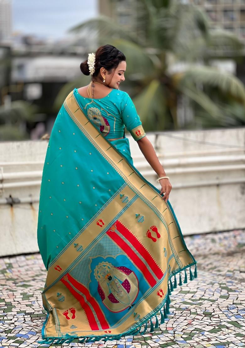 Sea Green Zari Work Silk Saree Set - Indya