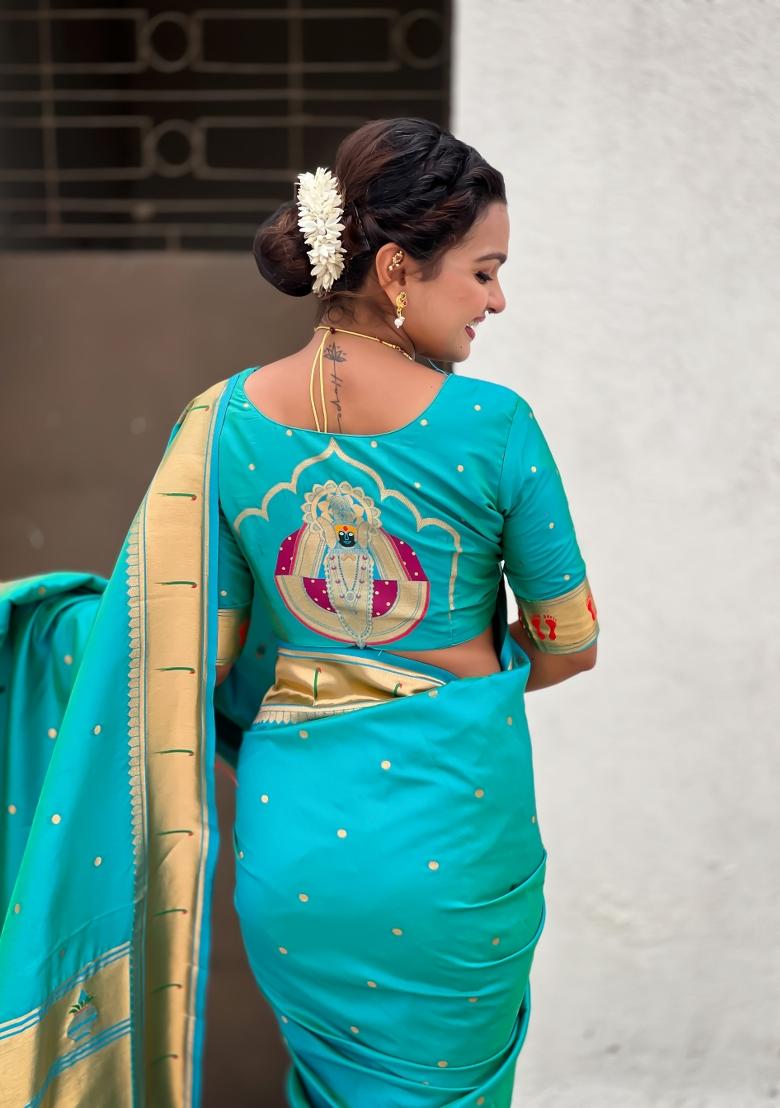 Sea Green Zari Work Silk Saree Set - Indya