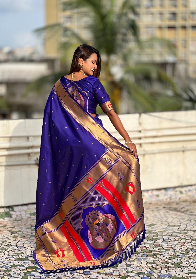 Violet Zari Work Silk Saree Set - Indya