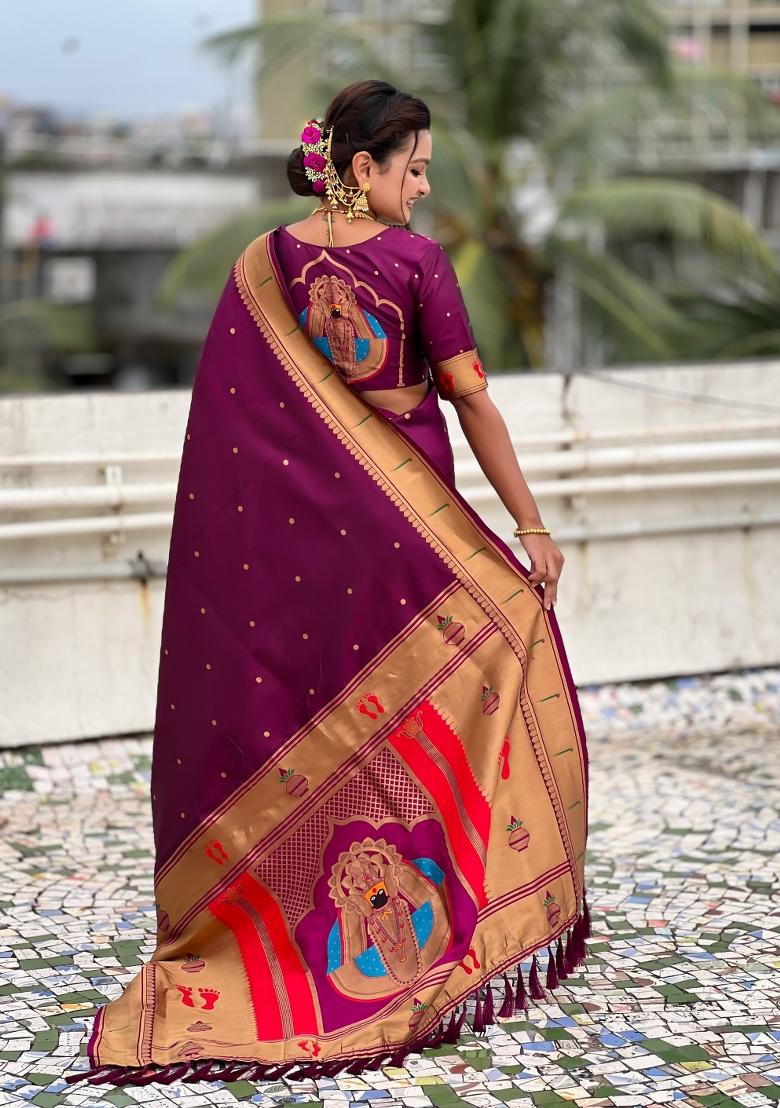 Wine Zari Work Silk Saree Set - Indya