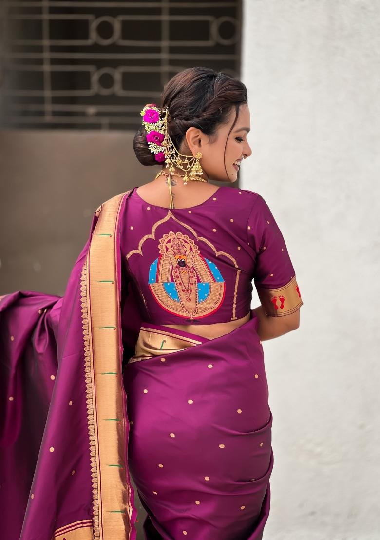 Wine Zari Work Silk Saree Set - Indya