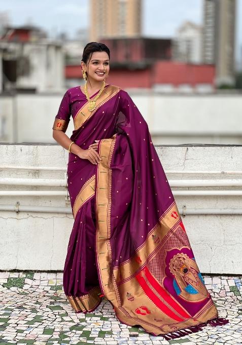 Wine Zari Work Silk Saree Set