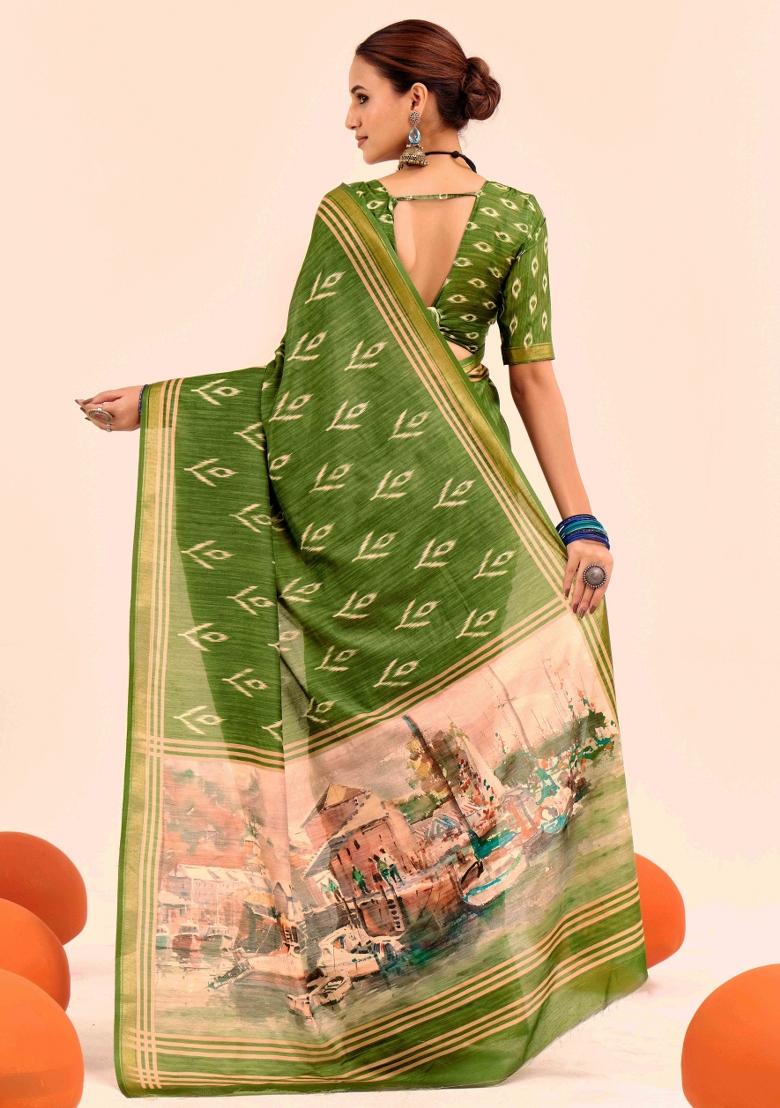 Green Abstract Silk Saree Set - Indya