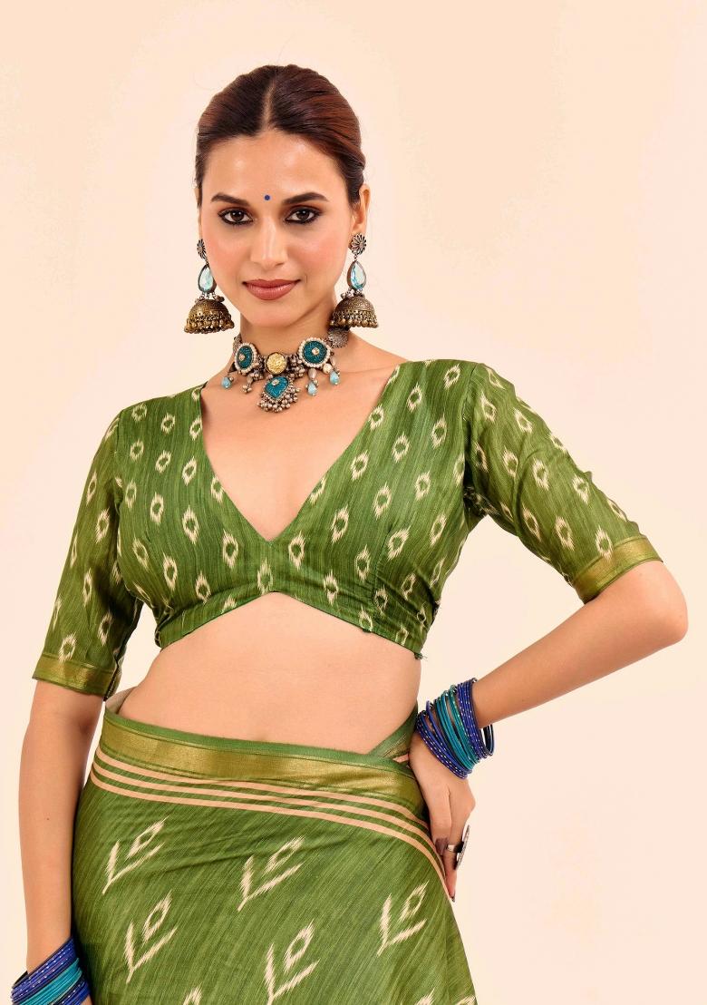 Green Abstract Silk Saree Set - Indya
