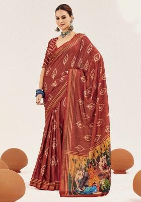 Rust Abstract Silk Saree Set