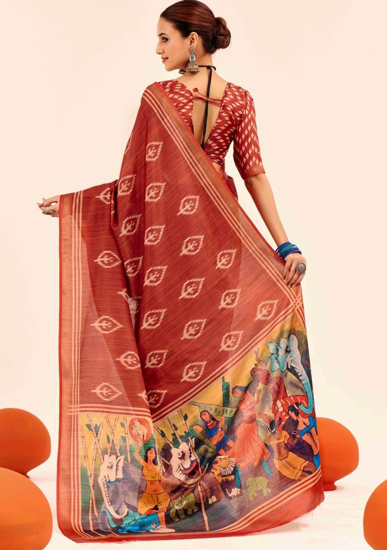 Rust Abstract Silk Saree Set - Indya